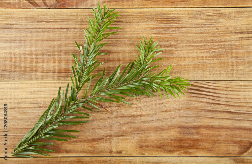 green branch of Christmas tree on a wooden background green branch of Christmas tree on a wooden background
