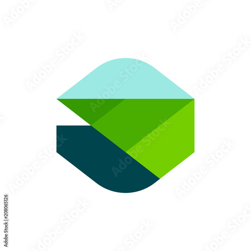 Modern geometric logo mark template or icon of rural landscape with agricultural field and mountain