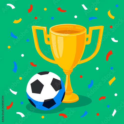 Winner gold cup, football ball and confetti on green background. First place prize. Sport winners goblet. Football or soccer championship. Tropy reward. Flat cartoon style