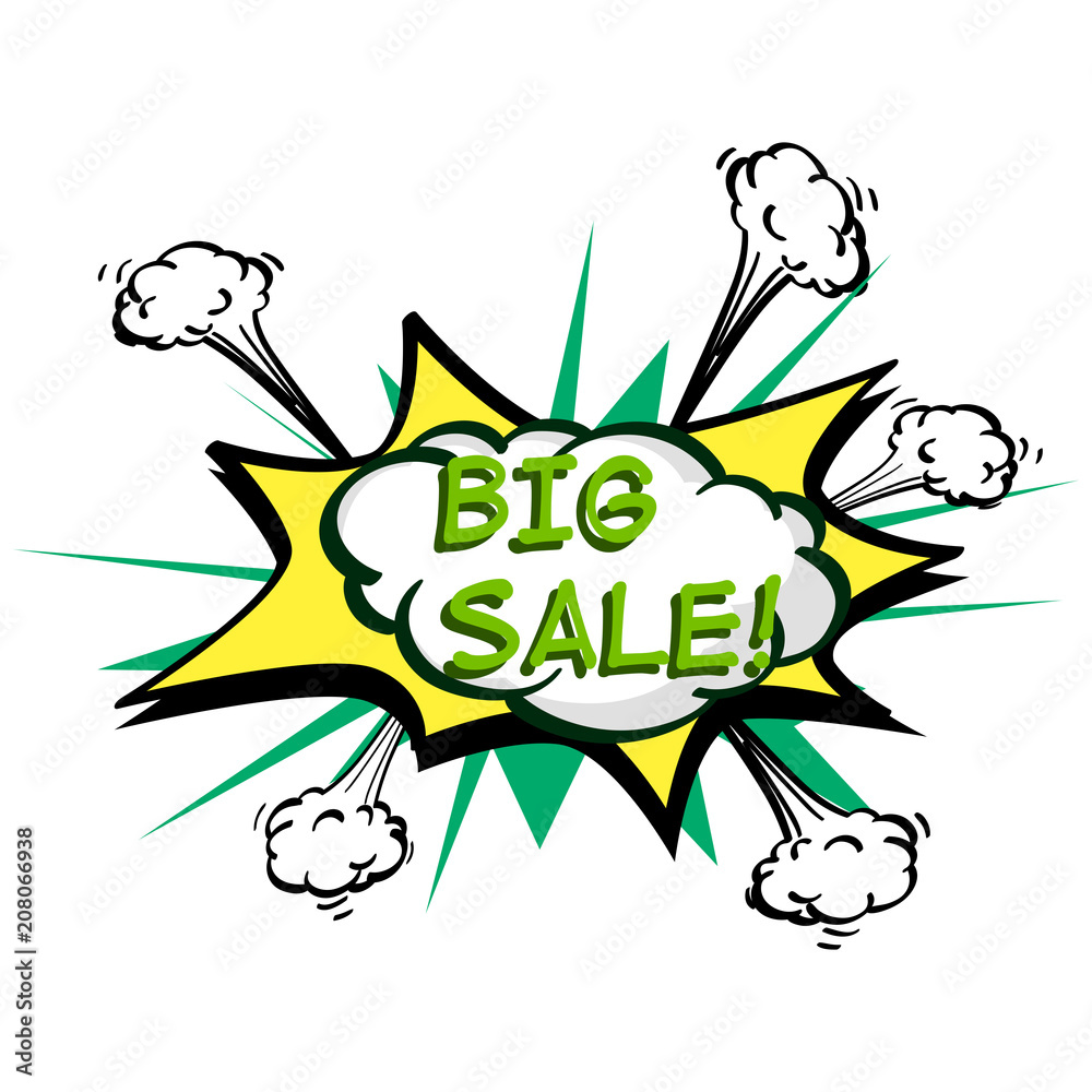 Fototapeta premium Big sale, colorful speech bubble and explosions in pop art style. Elements of design comic books. Vector Object isolated on white