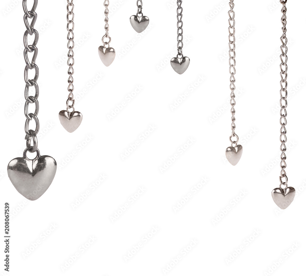half frame from small steel hearts and long chains on white half frame from small steel hearts and long chains on white