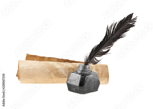old paper, inkwell and pen isolated on white background