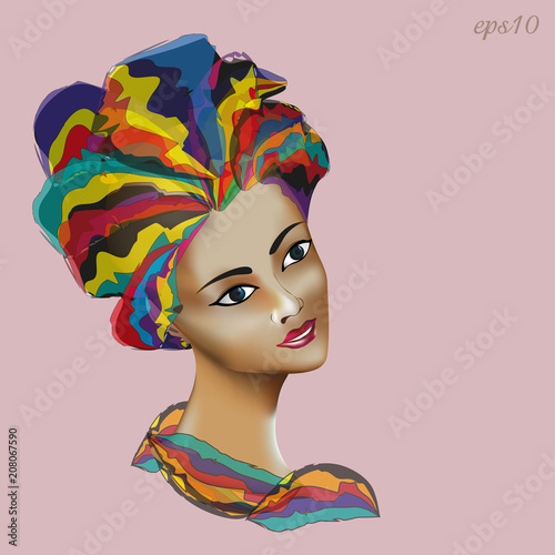 Girl in ethnic headgear
Portrait of a woman in the profile of a gavel is shrouded in a bright cloth earring in the ear drawing in modern style author design vector
