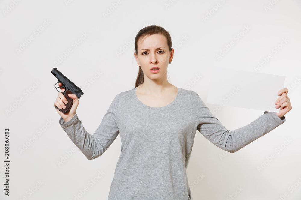 Woman holding gun, blank empty sheet card, copy space isolated on white background. Girl hand no shooting symbol. Stop violence, weapons in school control, no killing people children, problem concept. Woman holding gun, blank empty sheet card, copy space isolated on white background. Girl hand no shooting symbol. Stop violence, weapons in school control, no killing people children, problem concept.
