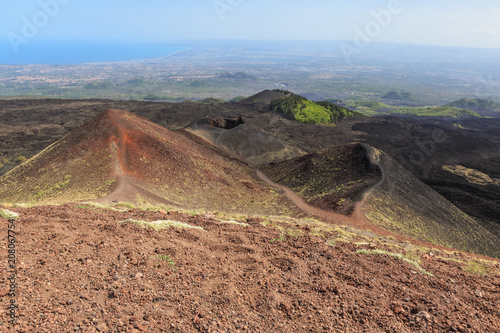 On slopes of Etna volcano in Sicily, a volcanic landscape at an altitude of over 2,000 m above sea level 