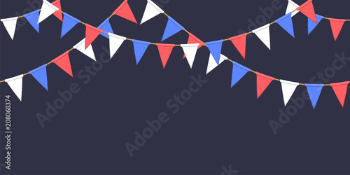 Seamless garland with triangle celebration flags chain, white, blue, red pennons on dark background, footer and banner fireworks