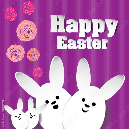 Rabbit family roses happy Easter
Family white rabbit eggs and paper on a pink background with stripes with floral element vector illustration happy easter stock background design with shadow