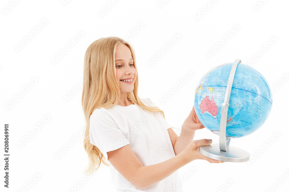 Picture of Smiling blonde girl in casual clothes holding globe Picture of Smiling blonde girl in casual clothes holding globe