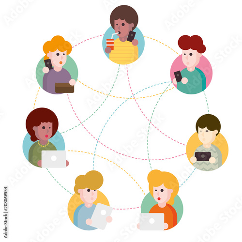 Vector illustration of an abstract social network scheme, which contains people icons connected to each other.