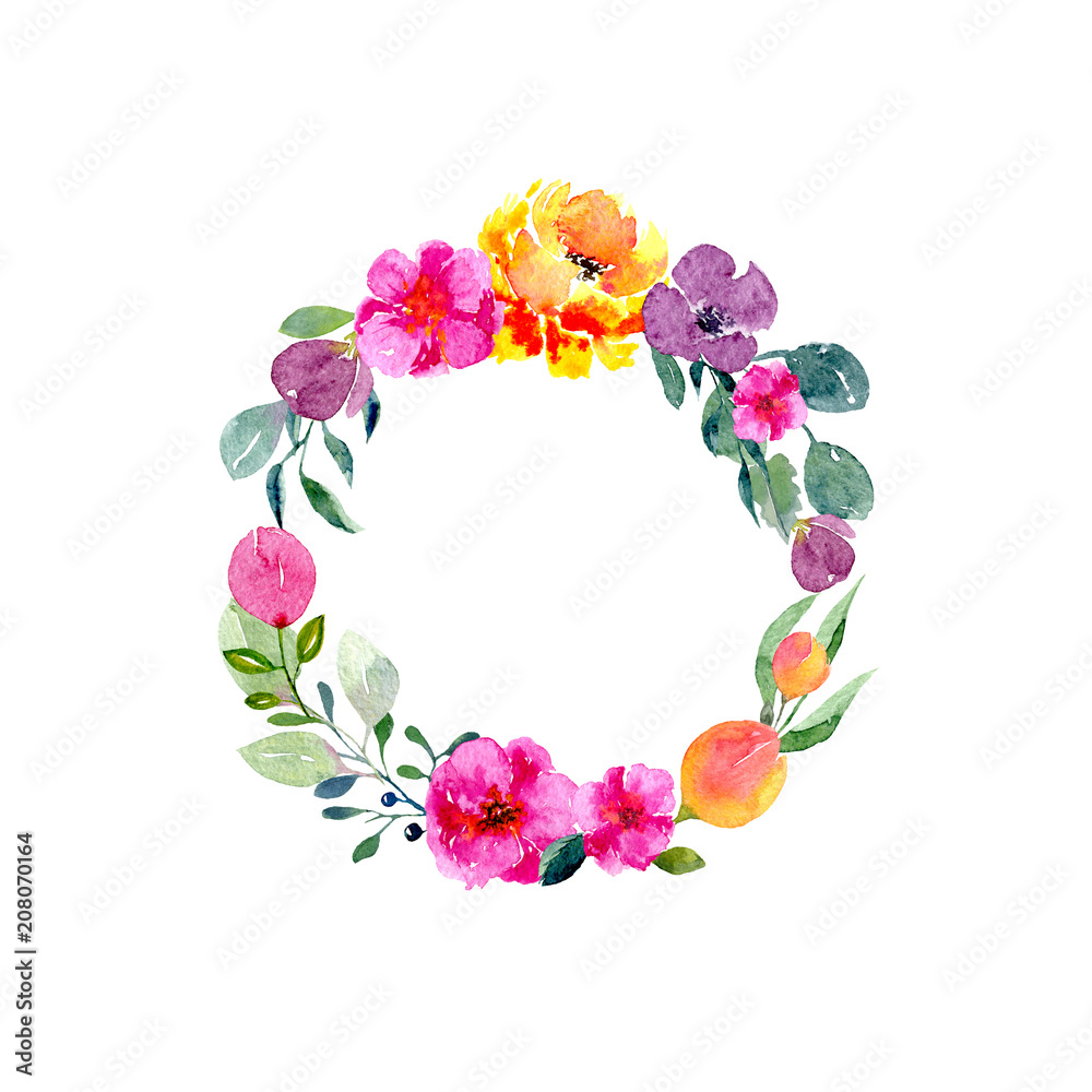 Watercolor floral wreath. Background with frame of fresh spring foliage, bright flowers and place for text