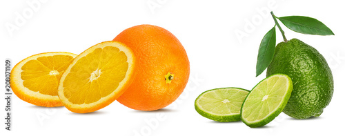 Fresh lime isolated and orange on white background with clipping path