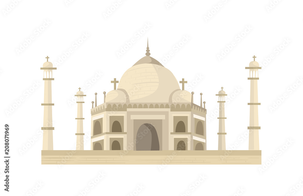 Taj Mahal in flat style isolated on white background.
