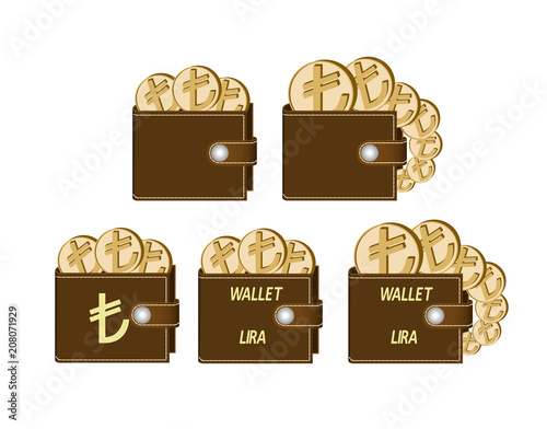 set of brown  wallets with lira coins 