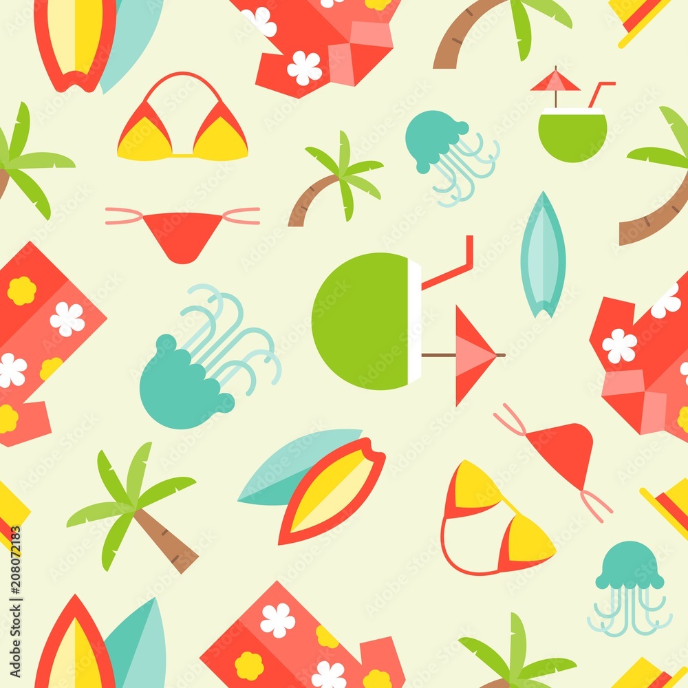Summer theme seamless pattern, surfboard, Hawaii shirt, palm tree, bikini, jelly fish, coconut juice Summer theme seamless pattern, surfboard, Hawaii shirt, palm tree, bikini, jelly fish, coconut juice