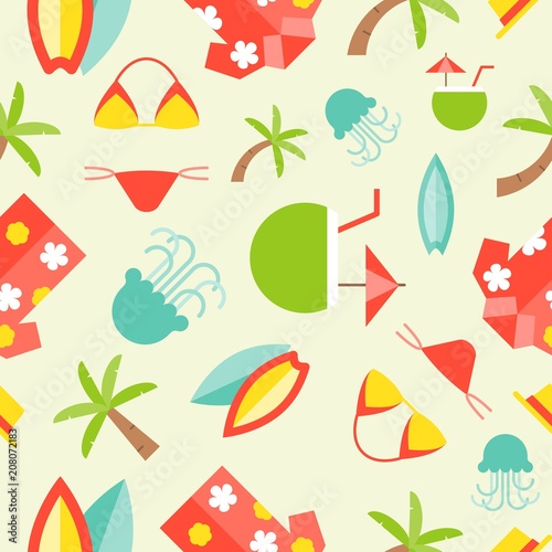 Summer theme seamless pattern, surfboard, Hawaii shirt, palm tree, bikini, jelly fish, coconut juice