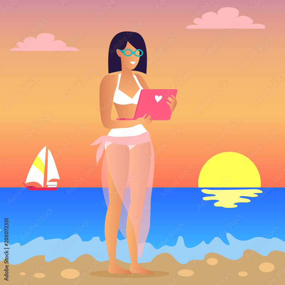Business Trip Woman and Laptop Vector Illustration