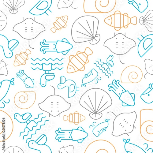 Seamless pattern tropical fish outline, summer theme