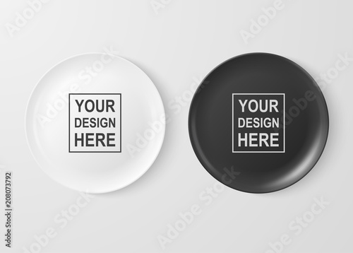 Realistic vector white and black food dish plate icon set closeup isolated on white background. Design template, mock up for graphics, printing etc. Top view