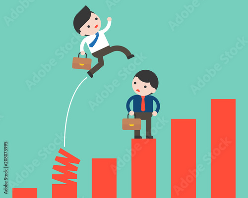 Businessman jumping from spring chart, shortcut key to success competitive concept