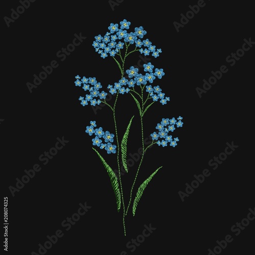 Forget-me-not flower embroidered with blue and green threads on black background. Elegant embroidery design with wild flowering herbaceous plant. Handiwork or handicraft. Colorful vector illustration.