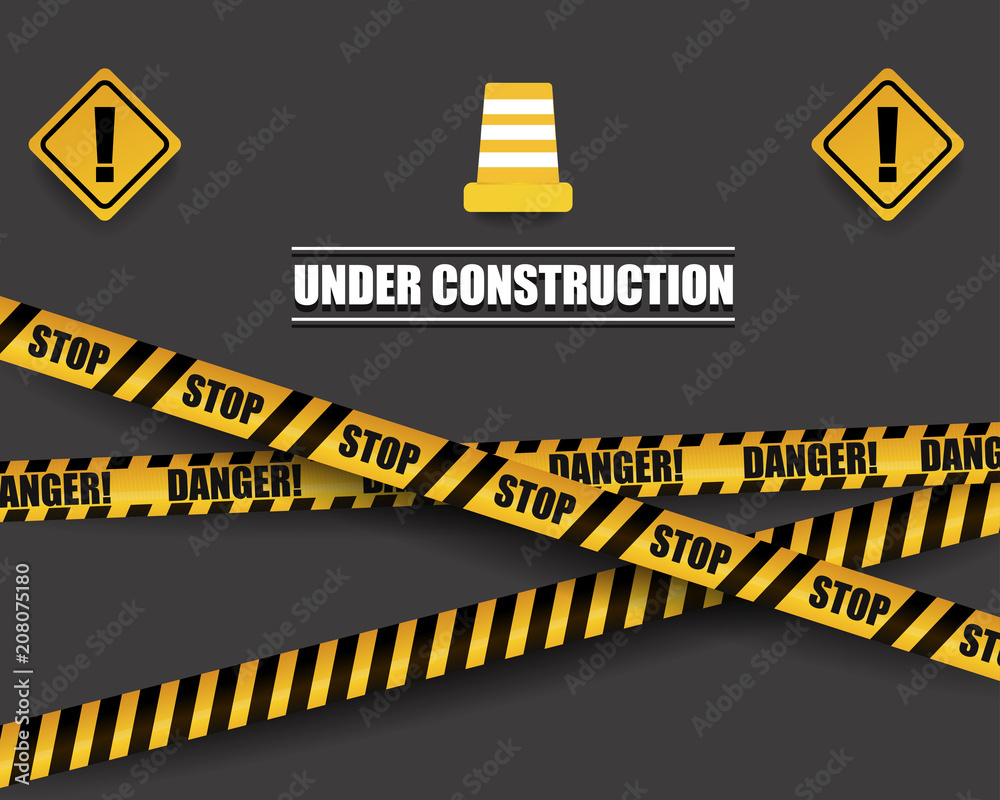 Black and yellow warning sign with striped ribbon. Site under ...