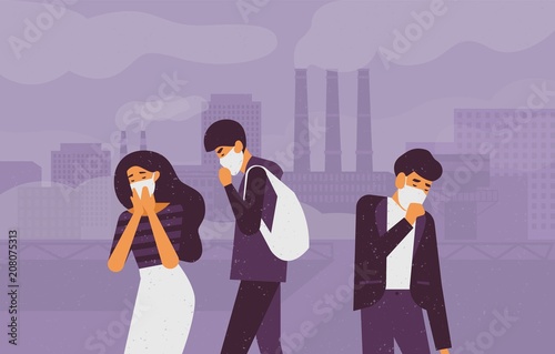 Sad people wearing protective face masks walking on street against factory pipes emitting smoke on background. Fine dust, air pollution, industrial smog, pollutant gas emission. Vector illustration.