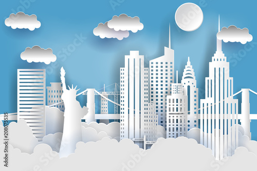 New York city concept, paper art city on back with buildings, statue of liberty, bridge, clouds. Origami and travel concept, vector art illustration.