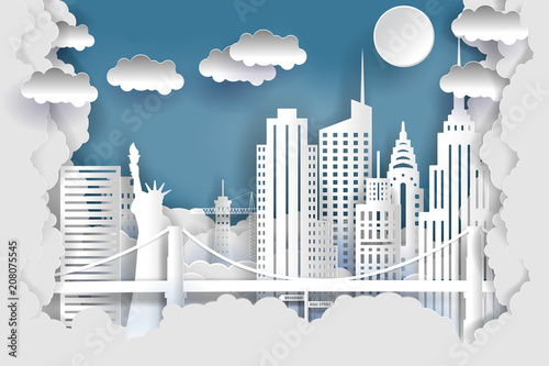 New York city concept, paper art city on back with buildings, statue of liberty, bridge, clouds. Origami and travel concept, vector art illustration.