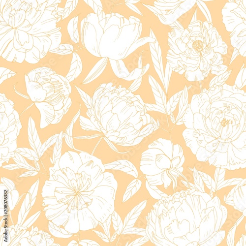 Gorgeous floral seamless pattern with blooming peony flowers hand drawn with contour lines on orange background. Natural backdrop with beautiful flowering garden plants. Botanical vector illustration.