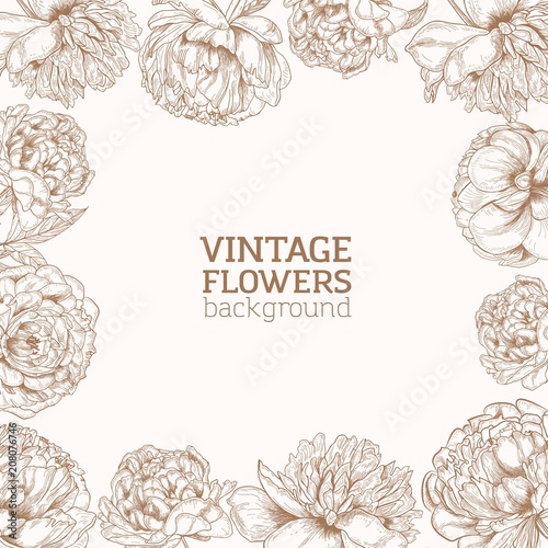 Square backdrop decorated with frame made of tender blooming peony flowers hand drawn with contour lines on light background