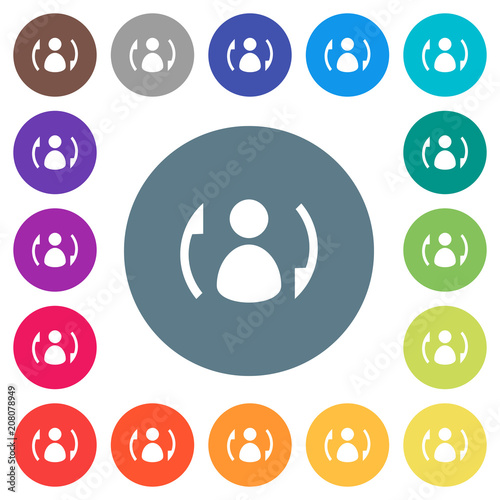 Syncronize contacts flat white icons on round color backgrounds
