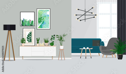 Interior design of a white living room with botanical posters and a sofa, indoor plants. Vector Flag illustration.