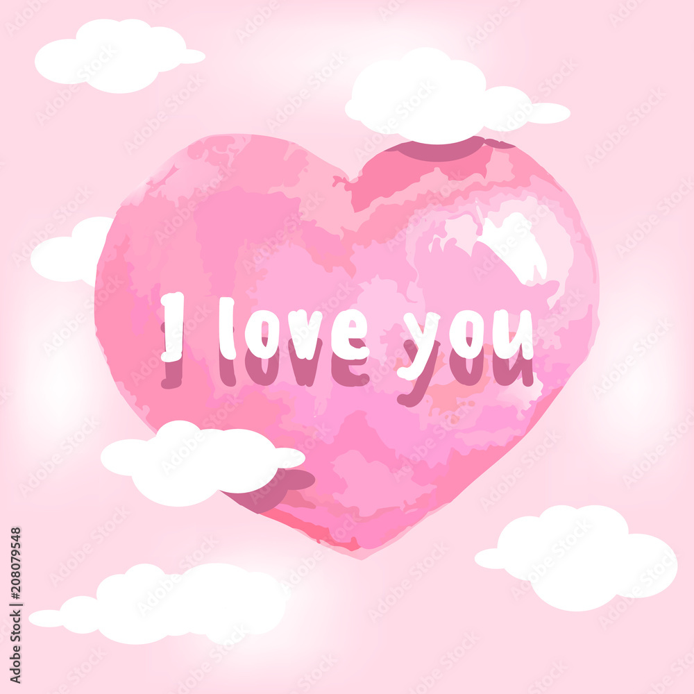 Pink heart on a pink background with clouds and with the inscription I love you. Template greeting card. Vector illustration. wallpaper, banner , Announcement , poster , flyer , greeting card Pink heart on a pink background with clouds and with the inscription I love you. Template greeting card. Vector illustration. wallpaper, banner , Announcement , poster , flyer , greeting card