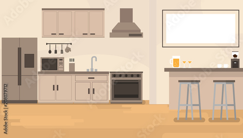 interior kitchen room with bar counter and kitchenware in room.vector and illustration.