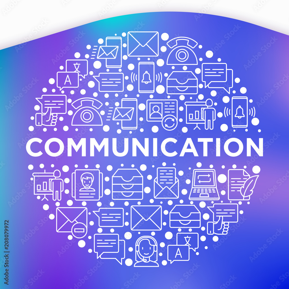 Communication concept in circle with thin line icons: email, phone, chat, contacts, comment, inbox, translator, presentation, message, screen share, support. Vector illustration for print media.
