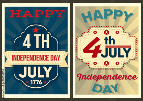 Independence Day of the United States. Set of Posters Happy Fourth of July in Retro Style. Vector Design.