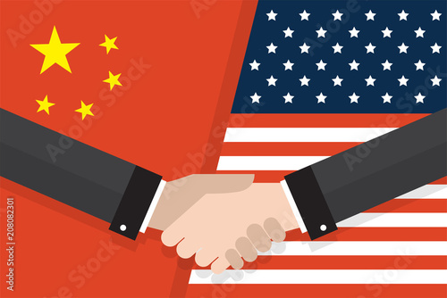 Two businesspeople handshake after good deal in front of an American and Chinese flag. two flags face to face, symbol for the relationship between the two countries. vector illustration