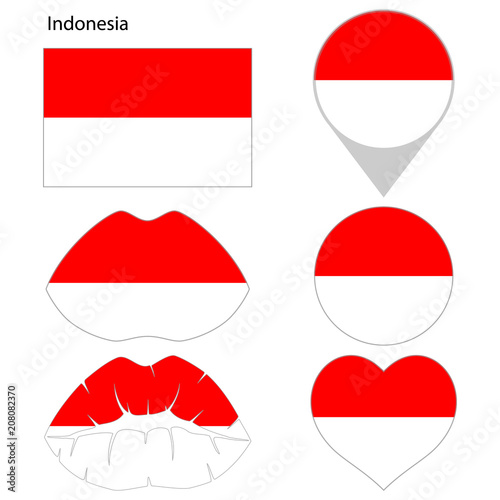 Free Download Flag of Indonesia, set. Correct proportions, lips, imprint of kiss, map pointer, heart, icon. Abstract concept. Vector illustration on white background. - GFXLoad