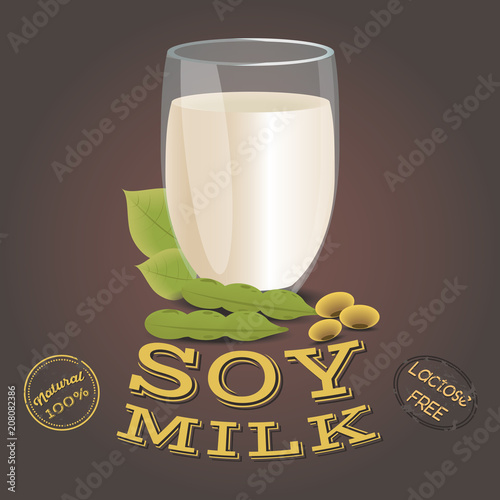 Glass of soy milk with beans. Lactose free. Vegetarian product, flat design. Vector illustration