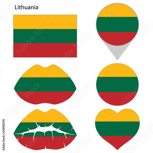 Flag of Lithuania, set. Correct proportions, lips, imprint of kiss, map pointer, heart, icon. Abstract concept. Vector illustration on white background. Free Download Flag of Lithuania, set. Correct proportions, lips, imprint of kiss, map pointer, heart, icon. Abstract concept. Vector illustration on white background. - GFXLoad