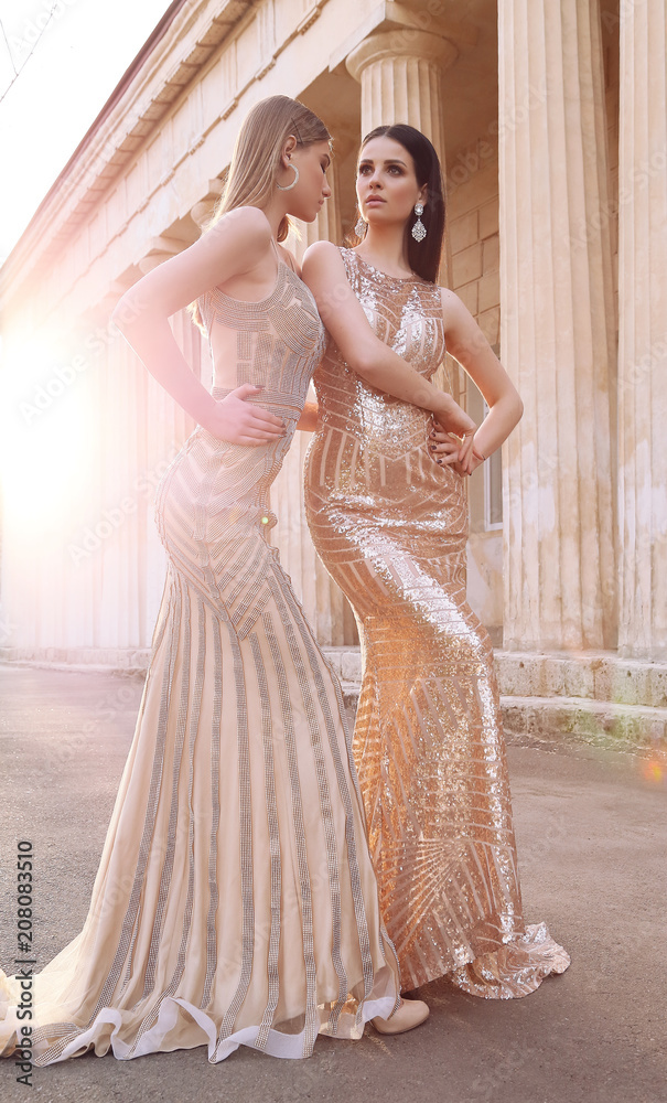 beautiful young women with dark hair in luxurious evening dresses Stock  Photo | Adobe Stock