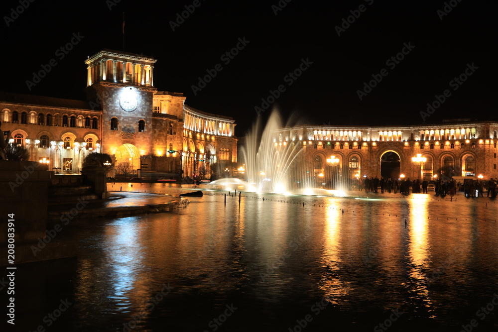 Fountain at the Government of the Republic of Armenia at night, it is located on Republic Square in Yerevan, Armenia.