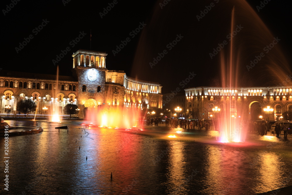 Fountain at the Government of the Republic of Armenia at night, it is located on Republic Square in Yerevan, Armenia.
