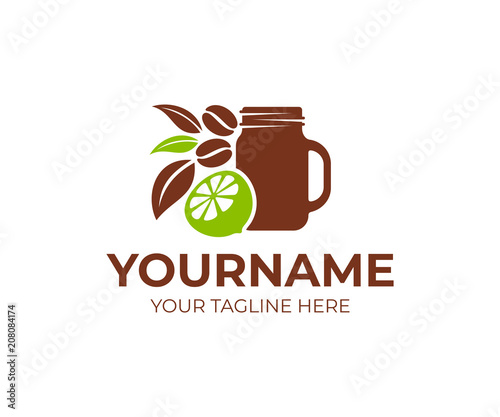 Cafe, caffe with mason jar, lime, lemon, coffee beans and leaves, logo template. Fast food and drink, natural and organic products, vector design, illustration