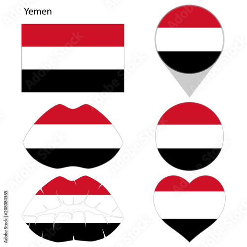 Flag of Yemen, set. Correct proportions, lips, imprint of kiss, map pointer, heart, icon. Abstract concept. Vector illustration on white background. Free Download Flag of Yemen, set. Correct proportions, lips, imprint of kiss, map pointer, heart, icon. Abstract concept. Vector illustration on white background. - GFXLoad
