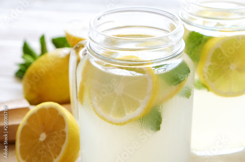 Summer healthy non alcoholic cocktails  citrus infused water drinks  lemonades with lime lemon or orange  diet detox beverages.