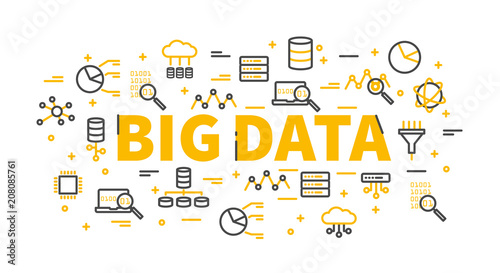 The words Big Data surrounded by icons of database, cloud computing, server, network. Vector background illustration.