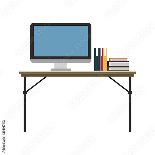 Computer in desk with books vector illustration graphic design
