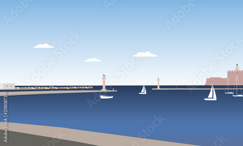 Coast of Rhodes island with sea, moor and columns with statues of deer, under a blue summer sky with clouds