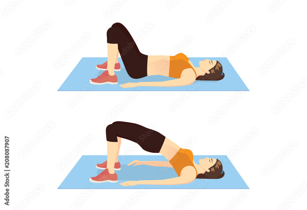 Woman doing exercise with Hip lift for firming her body. Illustration